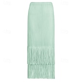 abordables Jupes unies-Femmes Ample Élégant ancien Mode Midi Taille Moyenne Jupes Frange à pompons Froncé Élastique Vacances Quotidien Aqua bleu Noir Vert Claire Rose Claire Été Polyester