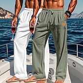 baratos Feriado-Homens Calças de linho Calças Calça verão Calças largas Calças de praia Com Cordão Cintura elástica Perna reta Tecido Conforto Respirável Comprimento total Ao ar livre Feriado Praia Férias Moda