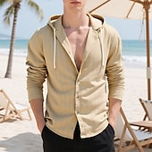 cheap Cotton Linen Shirt-Men&#039;s Shirt Linen Shirt Casual Shirt Button Up Shirt Cotton Shirt Stripe Vacation Hawaiian Black White Navy Blue Khaki Long Sleeve Hooded Spring Fall Clothing Apparel Drawstring
