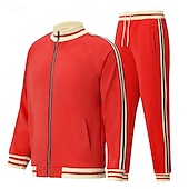 preiswerte T-Shirts-Sets für Männer-Herren T-Shirt Anzüge Hemd- und Hosensets 2-teiliges Outfit Langarm Stehkragen Sommer Streifen Mode Lässig 2 teilig Urlaub Alltagskleidung Ausgehen Schwarz Rote Marineblau Top T-Shirt für Herren