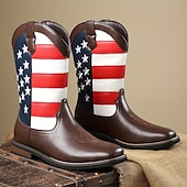 cheap Cowboy &amp; Western Boots-Men’s Brown Faux Leather Western Boots with American Flag Design – Durable Leather Boots for Outdoor Adventures, Country Events and Patriotic Celebrations