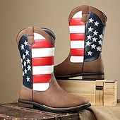 cheap Cowboy &amp; Western Boots-Men’s Brown Faux Leather Western Boots with American Flag Design – Durable Leather Boots for Outdoor Adventures, Country Events and Patriotic Celebrations