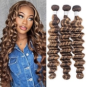 baratos 3 conjuntos de extensões de cabelo natural-3 pacotes de extensões de cabelo humano solto, cor piano, p4/27, 10-28 polegadas, para mulheres negras