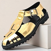 billige Kjole sandaler-Gull- og svarte metalliske sandaler for menn – stilige gladiatorsandaler med moderne spennedesign, perfekte for uformelle utendørsarrangementer