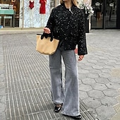 abordables Chaquetas de cuero sintético-Mujer Abrigo de invierno Cómodo Bolsillo Lentejuela Moda Plano Exterior Noche Botonadura Simple Regular Escote Chino Ajuste regular Manga Larga Ropa de calle Negro Dorado Otoño Invierno