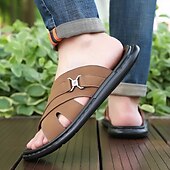 cheap Vacation Sandals-Men&#039;s Tan Faux Leather Slide Sandals Cross-Strap Open-Toe Design with Arch Support Great for Casual Summer Home and Street Style