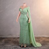 baratos Vestidos de Noite-Vestido Elegante Sereia  Trompete Formal Casamento Comprimento do Chão Sem Mangas Decote Redondo Chiffon com Pérolas Lantejoula
