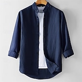 economico Casa-Per uomo Camicia Camicia di lino Camicia casual Camicia con Bottoni Camicia di cotone Semplice Vacanza Camicia hawaiana Bianco Blu marino Grigio chiaro Beige Manica 3/4 Colletto alla coreana Estate