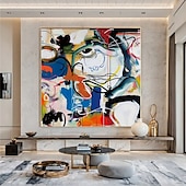 cheap Famous Paintings-POP art painting Handmade Pablo Picasso Abstract Oil Painting Bold Color Blocking Expressive Brushstrokes Blue Orange Contrast Dynamic Line Art Modern Living Room Decor Abstract Portrait Artwork