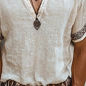 economico Magliette casual da uomo-Per uomo Maglietta Maglia Henley Camicia a Maniche Corte Manica Corta Henley Estate Patchwork Ricamo Bohemien Vintage Casual Bottoni Vacanza Streetwear Casual Quotidiano Bianco Maglietta Top per Uomo