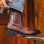 abordables Bottes de motard-Bottines de cowboy en cuir marron style western pour homme avec motif flamme brodé – bottes tendance pour événements country, rodéos et tenues décontractées