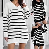 abordables Robes en tricot-Femmes Mini Robe Robe Pull Robe Décontractée Mode Extérieur Soirée Fête Coupe régulière Rayé manche longue Col en V Noir Blanche Automne