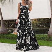 preiswerte Druck Blumen Kleider-Damen Langes Kleid Maxikleid Freizeitkleid Schwingkleid Sommerkleid Unterkleid Elegant Mode Modern Täglich Strand Wochenende Normale Passform Blume Ärmellos Rundhalsausschnitt Schwarz und Wei