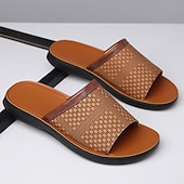 お買い得  バケーションサンダル-メンズ織りスタイルのフェイクレザースライドサンダル。質感のあるアッパー。快適なスリッポンデザイン。リラックスしたプールサイドや休暇の履き心地に最適。