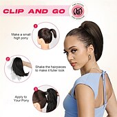 abordables Queue-de-cheval-Extension queue de cheval 10 pièces, postiche queue de cheval courte à clipser, chignon décoiffé, postiche synthétique naturel, doux et raide pour femme - brun foncé avec mèches
