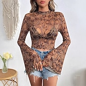 levne Boho topy-Dámské Boho košile Halenka Kašmírový vzor Denní stylové Dlouhý rukáv Zvonové Tričkový Crop Tops Denní Dovolená Tisk Hnědá Léto Jaro