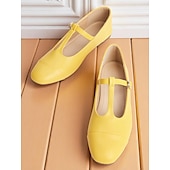 baratos Sapatilhas de mulher-sapatilhas femininas amarelas com tiras em T, mary janes vintage com bico redondo para encontros casuais e uso diário