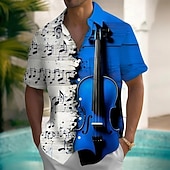 billige Musikk og gitarer-Herre Styreledere Gitar Musikknotater Skjorte Sommerskjorte Skjorte med knapper Kortermet Fashion Casual utendørs Feriereise Hverdag Sommer Vår Aftæpning 3D-utskrift krage skjorter Front One Lomme Blå