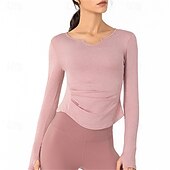cheap Yoga Tops-Women&#039;s Sports shirts V-neckline Skin Friendly Softness Breathable Wrinkles Long Sleeve Sports Solid Color Top For Pilates Zumba Running Activewear