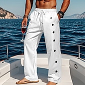baratos Feriado-Homens Calças de linho Calças Calça verão Calças largas Calças de praia Com Cordão Botão Lateral Perna reta Tecido Conforto Respirável Comprimento total Casual Diário Feriado Férias Moda Preto Branco
