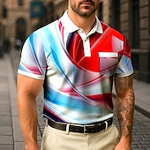 economico Polo geometrica da uomo-Per uomo Polo Casuale Sportivo Collo ripiegato Manica Corta Moderno Tempo libero Linea Tasca Bottoni Estate Rosso rubino Rosso Polo