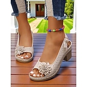 cheap Casual Sandals-Women’s Floral Cutout Slingback Sandals – Comfortable Chunky Heel Summer Sandals for Casual &amp; Garden Party Wear