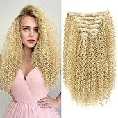 levne Clip in Extensions-26 palcové kudrnaté clip-in prodlužování vlasů s dvojitým útkem, celohlavé japonské tepelně odolné vlákno 140g syntetické kudrnaté prodlužování vlasů pro ženy 7 kusů