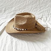 economico Far West-cappello di paglia a conchiglia, cappello da sole per le vacanze al mare, cappello da cowboy con tesa arrotolata