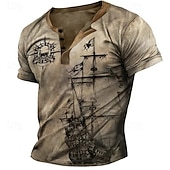 ieftine Vintage&amp;amp;Retro-Bărbați Grafic Navă Cranii Cămașă Henley Tricou Raglan Manșon scurt Tipărire 3D Modă Designer Comfortabil În aer liber Zilnic Vară Albastru piscină Roșu Mov Maro Trifoi Henley Tricou Henley