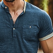 cheap Casual Henley Tee-Men&#039;s Linen Shirt Cotton Linen Shirt Henley Shirt Tee Henley Top Short Sleeve Solid Color Plain Fashion Designer Casual Color Block Buttons Henley Outdoor Casual Daily Summer All Seasons Navy Blue