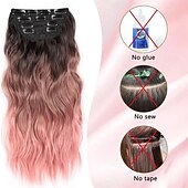 baratos Clip nas extensões-Extensões de cabelo de 20 polegadas com clipe, extensões de cabelo sintético longo e ondulado, extensões de cabelo rosa grosso com clipe, extensões de cabelo de trama dupla para mulheres