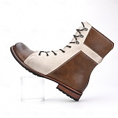 cheap Dress Boots-Men&#039;s Two-Tone Faux Leather Lace-Up Boots Vintage Mid-Calf Combat Style for Casual Wear Work and Fall Outfits