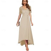 preiswerte Bodenlänge-A-Linie Mutter der Braut Kleid Elegantes Einfaches V-Hals asymmetrisches Chiffon Kurzarm mit einfarbig