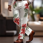 cheap Men&#039;s Printed Dress Pants-Men&#039;s Floral Print Flowers Dress Pants Trousers Suit Pants Mid Waist Casual Vacation Party Regular Fit Flat-Front Straight Leg Pants with Pockets Summer Spring Fall 3D Print White