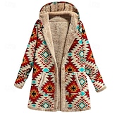 billige sherpa jakker-Dame Fleece-jakke Frakk Hettegenser Hold Varm Bekvem Glidelås Lomme Mote Moderne Fritid Geometrisk Ut på byen Helg Glidelås Normal Med hette Normal Langermet Yttertøy Vin Kakifarget Vinter