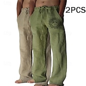baratos Clássico-Homens Calças de linho Calças Calça verão Calças largas Calças de praia Com Cordão Cintura elástica Perna reta Gráfico Sol Respirável Macio Comprimento total Ao ar livre Casa Casual Moda Roupa de rua