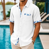 preiswerte Urlaub-Herren Hemd Leinenhemd Sommerhemd Strandhemd Sommer Hawaiihemd Blumen Urlaub Lässig Weiß Rosa Marineblau Leicht Blau Kurzarm Kragen Sommer Bekleidung Patchwork