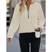 abordables Sweatshirts et Hoodies Texturés-Femmes Chemisier Couleur Unie Élégant Occasionnel manche longue Col ras du cou Hauts Réguliers Quotidien Fermeture éclair Noir Blanche Bleu Fuchsia Abricot Printemps Automne