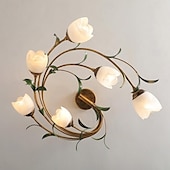 economico Lampade da soffitto-Lampada da soffitto floreale a 6 luci, lampada da soffitto semi-incassata vintage a forma di fiore di tulipano, ramo in metallo dorato con paralumi in vetro smerigliato per soggiorno, camera da letto