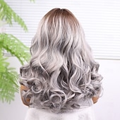 economico Parrucche lace sintetiche-Parrucca in pizzo sintetico Ricci profondi Stile 16 pollice Grigio Riga centrale 13x4 Fronte in Pizzo Parrucca Per donna Parrucca Grigio argento
