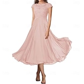preiswerte Teelänge-A-Linie Brautmutterkleid Elegant Einfach Rundhalsausschnitt Knöchellänge Chiffon Kurzarm mit Falten Einfarbig 2025