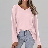 abordables Couleurs unies-Femmes Pull Occasionnel Doux Couleur Unie Côtelé Col en V Tricoté manche longue Hauts Réguliers Tricoter Sortir Week-end Rose Claire Kaki Automne Hiver