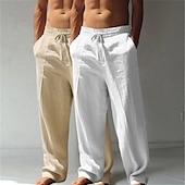 baratos Clássico-Homens Calças de linho Calças Calça verão Calças largas Calças de praia Com Cordão Cintura elástica Perna reta Tecido Conforto Respirável Comprimento total Casual Diário Feriado Férias Estilo Clássico