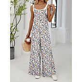 olcso nyaralás jumpsuit-Női Szabályos Jumpsuitek Aktív Virágos Ujjatlan Széles lábszár Kerek Zseb Magas derék Vakáció Napi Normál Sárga Arcpír rózsaszín Katonai zöld Nyár