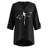 cheap Shirts-Women&#039;s Cotton Linen Shirts Dragonfly Basic Casual Long Sleeve V Neck Regular Tops Daily Print Black Navy Blue Sky Blue Summer Fall