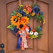 abordables action de grâces et décoration d&#039;automne-Couronne d&#039;automne pour porte d&#039;entrée, Thanksgiving, récolte d&#039;automne, décoration intérieure et extérieure, couronne de vigne artificielle de tournesol bleu, décoration murale pour les fêtes
