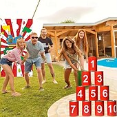 abordables Actividad al Aire Libre-13 juegos de carnaval con latas, lanzamiento de pufs, juegos de carnaval que incluyen 10 latas y 3 juegos de pufs, juegos de Pascua al aire libre adecuados para reuniones familiares, cumpleaños y