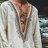 preiswerte Urlaub-Herren Leinenhemd Sommerhemd Vintage-Shirt Ethno-Hemd Langarmshirt Boho Urlaub Straße Weiß Langarm Stürzen Sommer Frühling Bekleidung Ethnisch &amp; Religiös