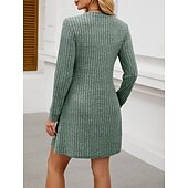 cheap Plain Dress-Women&#039;s Mini Dress A Line Dress Casual Daily Regular Fit Plain Long Sleeve V Neck Wine Light Brown Green Dark Gray Winter Autumn