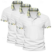 baratos Polo Clássico Masculino-Camisa polo masculina de 3 peças, cor sólida, xadrez, bloco de cores, camisa de golfe, manga curta, lapela, casual, esportiva e ao ar livre, botões, verão, primavera e outono, verde, azul